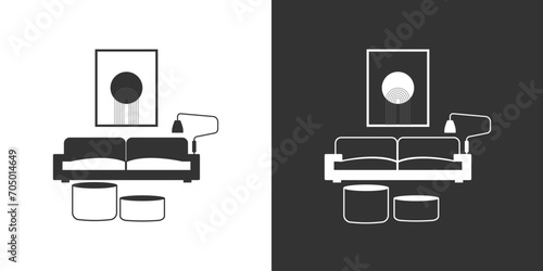 Living room furniture icon on black and white background. Vector interior icon