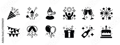 Celebration icon set. Containing confetti  fireworks  star  people  gift box  festive flag  balloon  cheer glass  and beer bottle for happy new year  christmas  party  birthday. Vector illustration