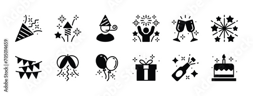 Celebration icon set. Containing confetti, fireworks, star, people, gift box, festive flag, balloon, cheer glass, and beer bottle for happy new year, christmas, party, birthday. Vector illustration