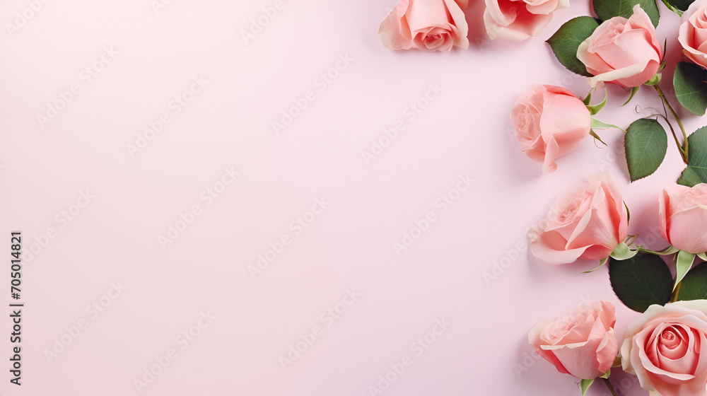 Pink flowers on a pastel pink background with copy space, generative ai
