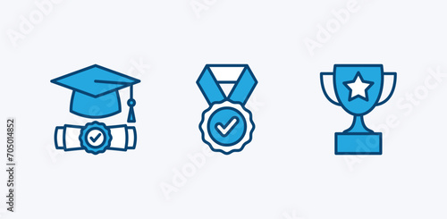 Graduation hat icon set. Graduation or mortarboard cap icon. Academic or student cap and diploma with certificate, trophy, and badge medal. Vector illustration
