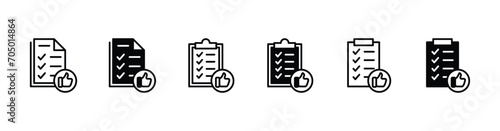 Task document icon set with checklist or check mark symbol. Business management clipboard with approval or thumb up symbol. Vector illustration photo