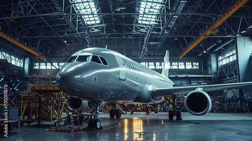 An airplane in an airplane factory in the process of being built. Plane manufacturer. Plane factory