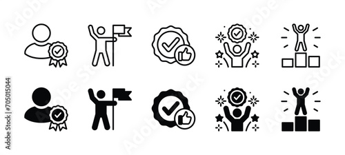 Successful business thin line icon set. Achievement success icon. Goal, winner, victory, championship, celebration, badge medal. Vector illustration