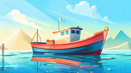 fish boat floating on the calm sea in simple cartoon style. © Pihta