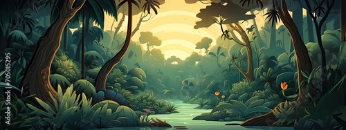 rainforest landscape in simple cartoon style.