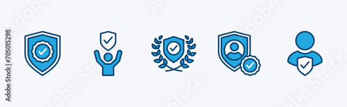 Safety and security shield icons. Privacy data shield protection with laurel, badge, people, and check mark symbol. Vector illustration