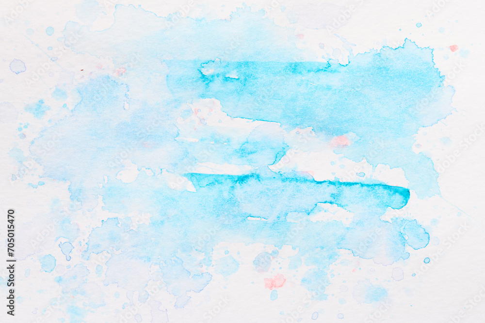 Abstract liquid art background. Blue watercolor translucent blots on white paper.