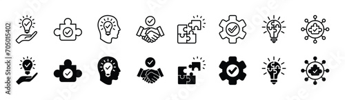 Business solution icon set. Innovation, Inspiration, and creative idea icon symbol. Containing lightbulb, puzzle, handshake, and gear with check mark. Vector illustration