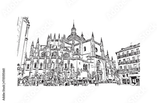 segovia city in spain. Hand drawn sketch illustration in vector.