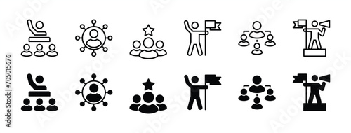 Leadership icon set. Human organization leader structure hierarchy. Mentorship, coaching, charisma, head, lead, chairman, manager. Vector illustration photo