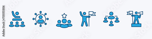 Leadership icon set. Human organization leader teamwork structure hierarchy. Mentorship, coaching, charisma, head, lead, chairman, manager. Vector illustration