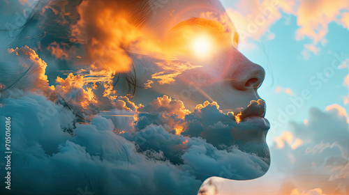 a woman's face in the clouds. In the double exposure.