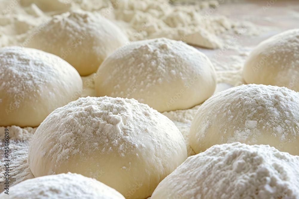 Closeup of flour covered several white dough balls on a wooden table with dough powder.Food Industrial,Food Manufacturing Concept.Food Recipes Concept. Closeup of flour covered several white dough balls on a wooden table with dough powder.Food Industrial,Food Manufacturing Concept.Food Recipes Concept.