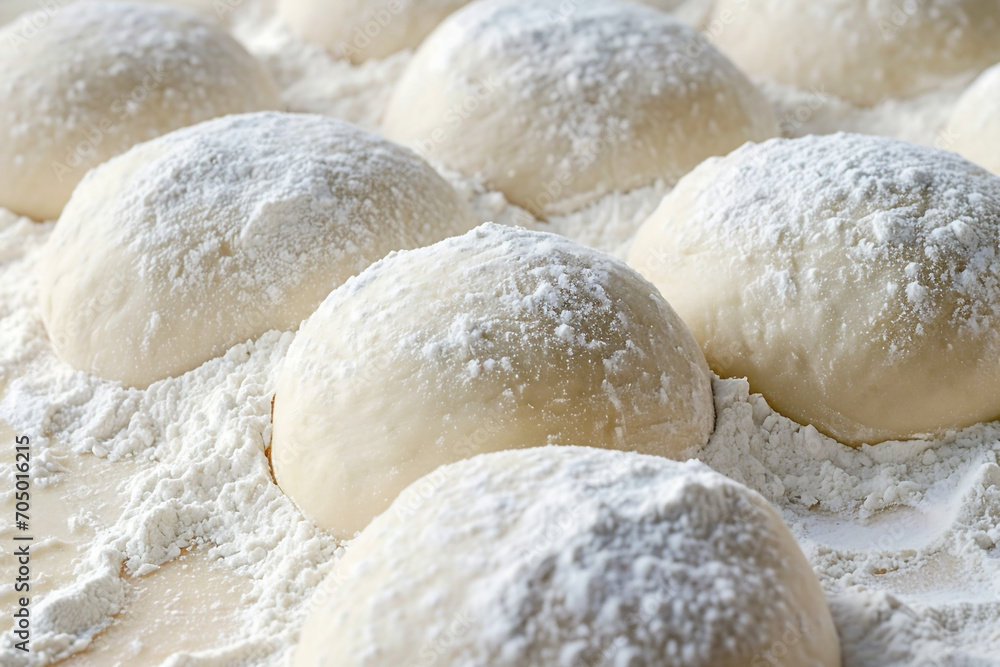 Closeup of flour covered several white dough balls on a wooden table with dough powder.Food Industrial,Food Manufacturing Concept.Food Recipes Concept.