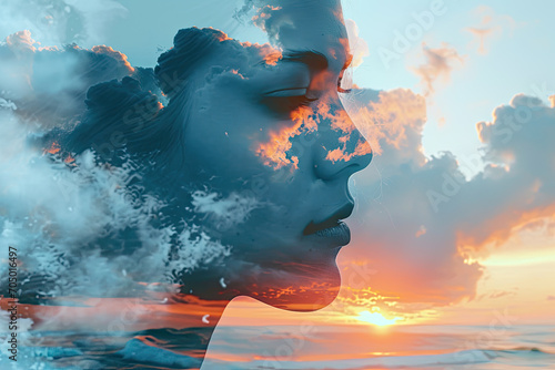 Poster - a woman's face in the clouds. In the double