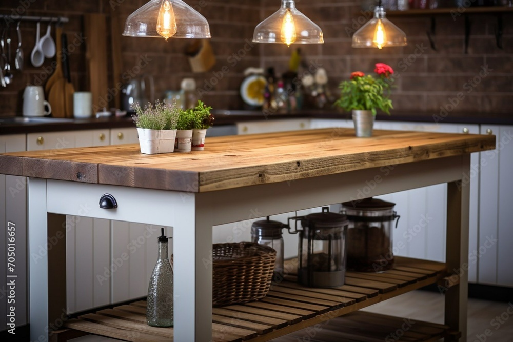 Kitchen countertops against a blurred kitchen background. Cozy modern kitchen. Generative AI Kitchen countertops against a blurred kitchen background. Cozy modern kitchen. Generative AI