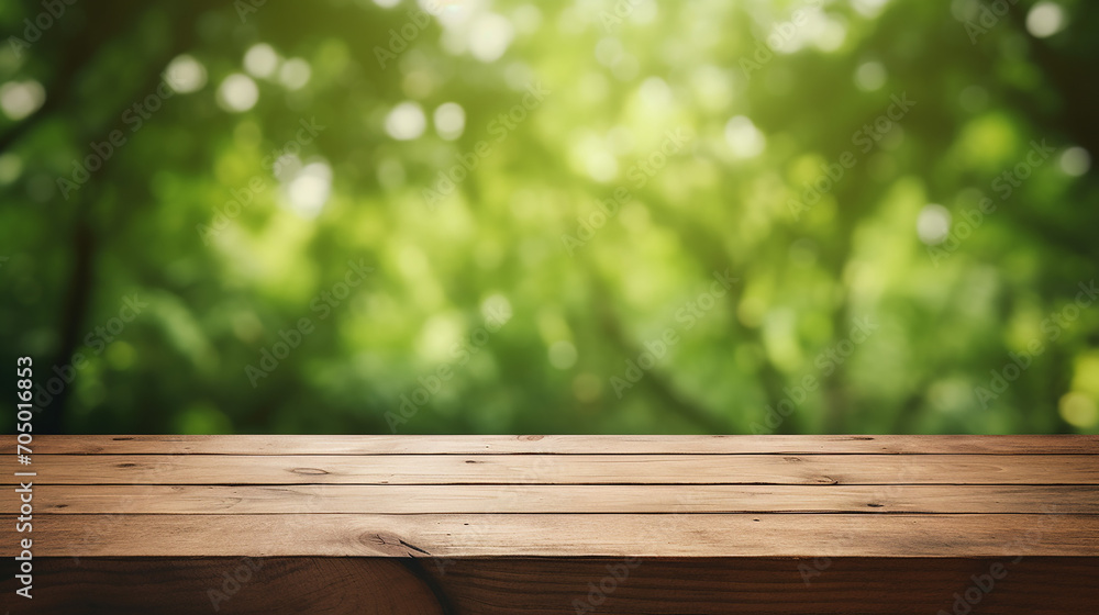 wooden table space with green home backyard view blur background for advertising template