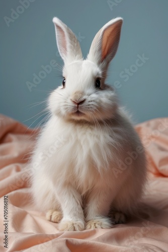 Close-up of a white fluffy rabbit on a pastel background. Spring, Easter, animal concepts.