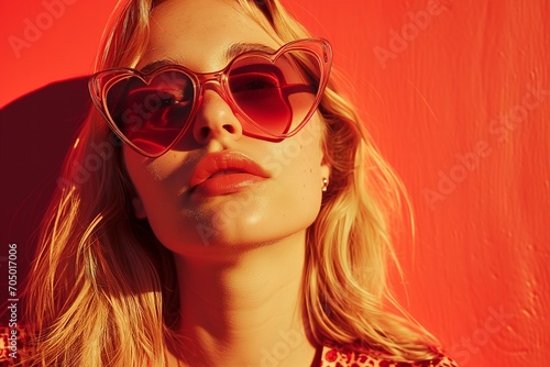 Blonde woman in heart shaped sun glasses close up portrait, red background, retro vibes for Valentines Day