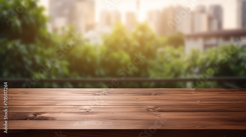 wooden table top on blurred background of half curtain with plants © Aura