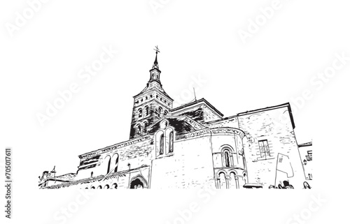 segovia city in spain. Hand drawn sketch illustration in vector.