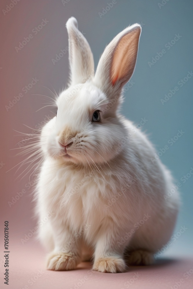 Close-up of a white fluffy Easter bunny on a pastel background.