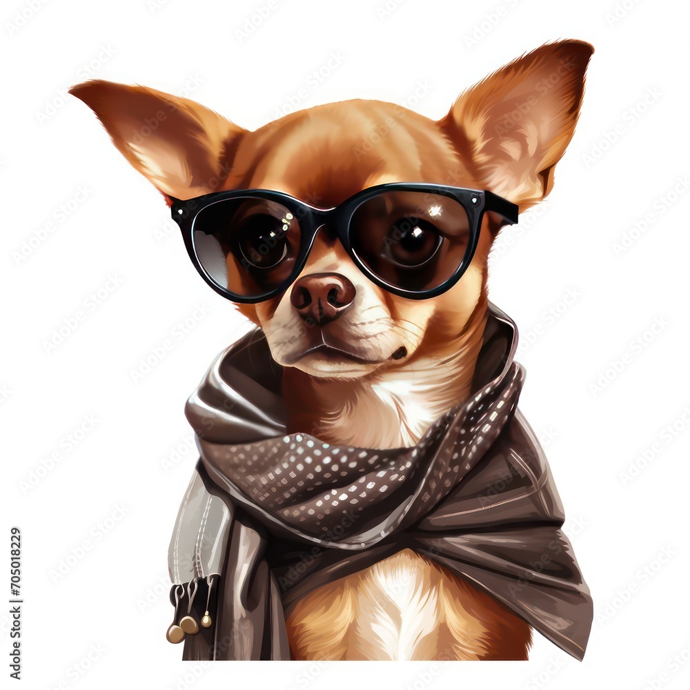 A dog wearing sunglasses and a scarf
