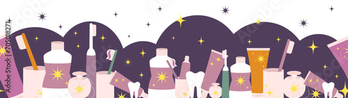 Vector magic oral care dental seamless long background. Mouth cleaning tools, brushes, paste, tooth, mouthwash, floss