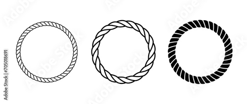 Rope frames set. Round cord borders collection. Circle rope wreath loop frames. Chain, braid or plait border bundle. Circular design elements for decoration, banner, poster. Vector illustration