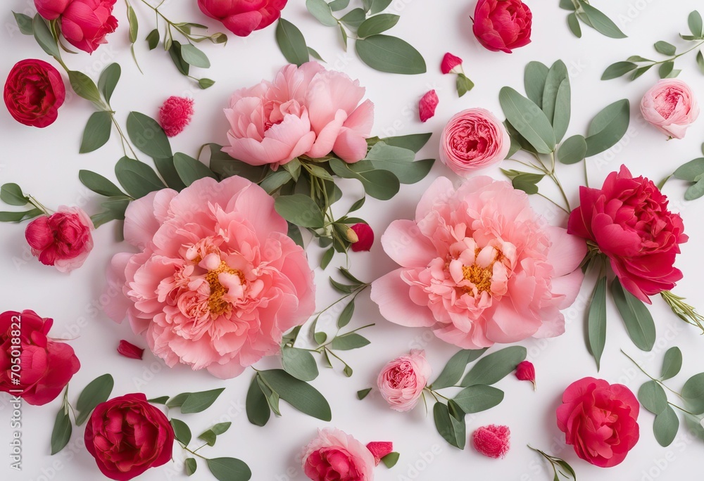 Beautiful blossoming coral peonies matthiola roses and eucalyptus making a frame on the white background top view flat lay stock photoFlower Backgrounds Springtime Bouquet Floral