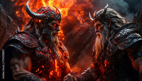 Surtr the fearsome strong giant lord of fire faceoff with Odin the allfather photo