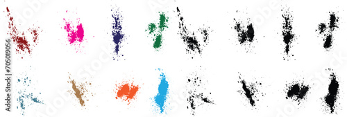 Abstract dripping vector blood stain purple, wheat, black, red, green, orange color ink paint brush stroke set