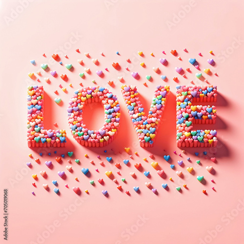 Colorful candies forming word LOVE on pastel pink background. Love design. Natural minimal concept. Creative spring idea. Flat lay. Valentines idea. Candy shop.