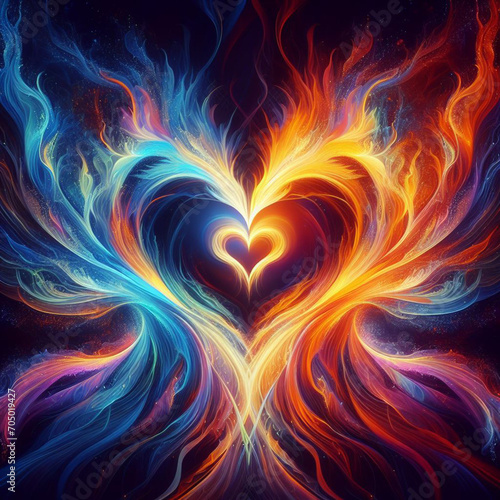 Fiery heart. Twin flame logo. Esoteric concept of spiritual love. Illustration on black background for web sites  wallpapers and much more. Created using generative ai tools