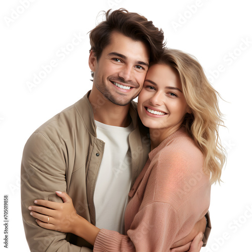 Happy young  couple hugging cute, smiling  love and care in studio, isolated on transparent background Generative AI	