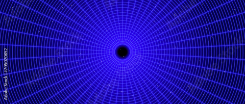 Dark blue glowing wireframe tunnel. Neon wormhole in deep space with stars. Grid tunnel in perspective. Funnel or portal illusion. Circular mesh structure tube. Vector optical illusion illustration