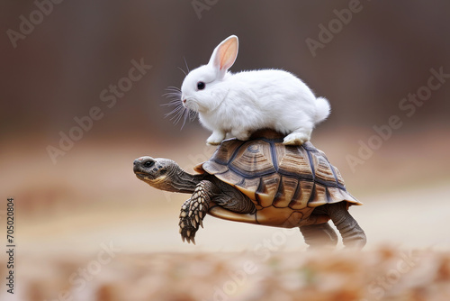 White rabbit riding on turtle's back photo