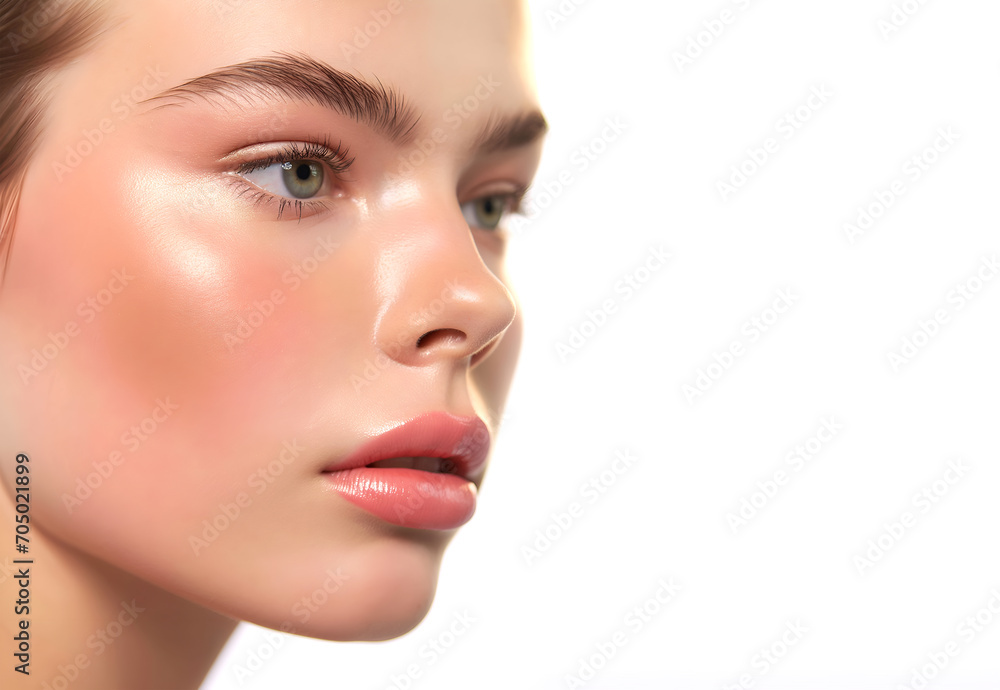 Fashion Concept. Closeup portrait of girl in natural makeup glow look with beautiful skin. illuminated with dynamic composition light. sensual, natural, advertisement, copy text space