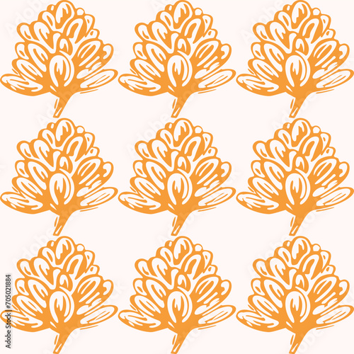 Linocut rural floral folkart seamless vector pattern for block print nature design. Icon of hand drawn quirky plant sprig illustration in tiled background for scandi naive graphic swatch. photo