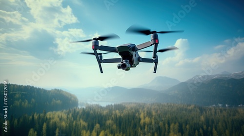 Drone technology in action, capturing aerial views over a lush forest landscape with mountains in the background. 