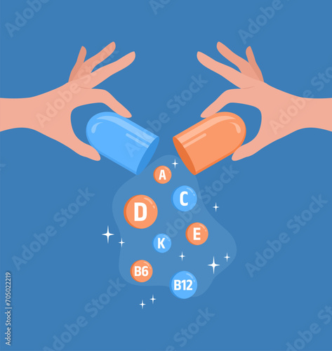 Two hands holding an open capsule and vitamins pouring out of it. Vector illustration in flat style