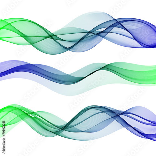 Set of blue green waves, horizontal transparent waves on a white background