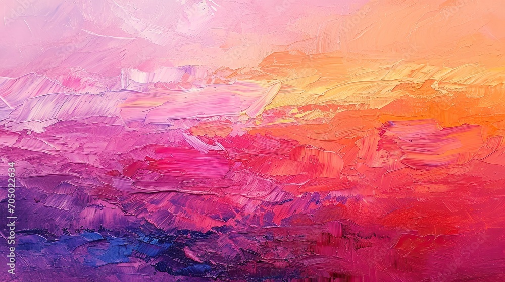 A vibrant oil painting of an abstract sunset, with bold strokes and layers in shades of pink, orange, and purple. Breathtaking art. 