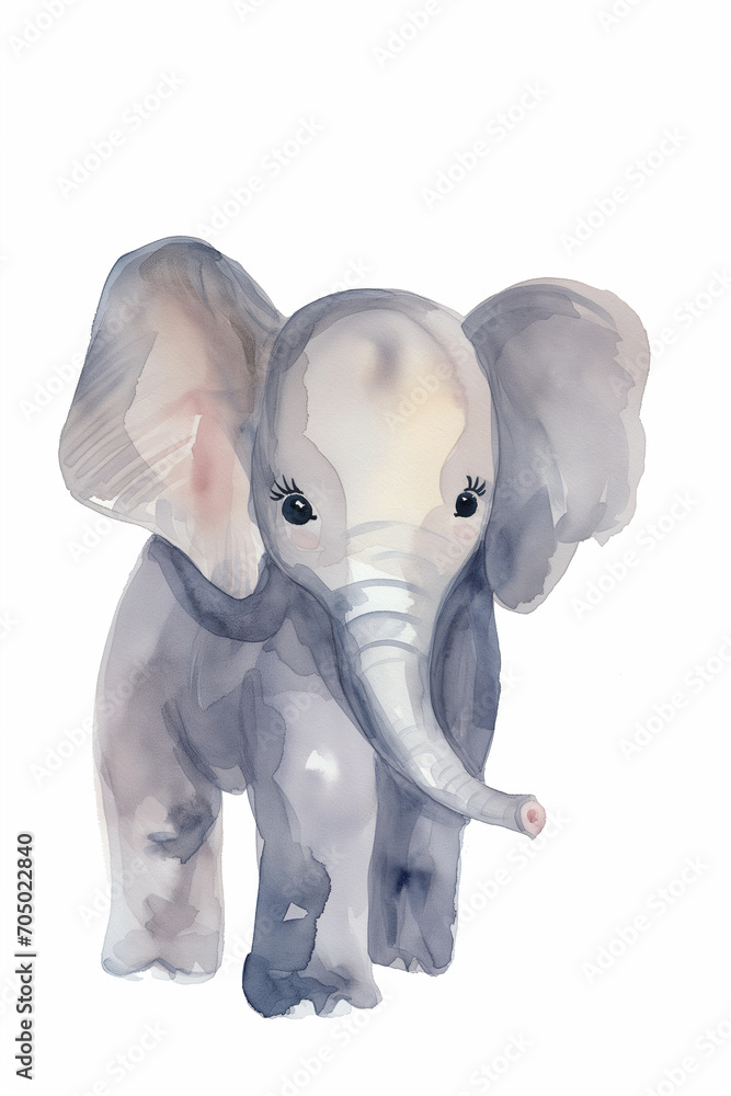 Arte de um elefante cinza fofo pintado em aquarela - Ilustração para cartaz infantil 