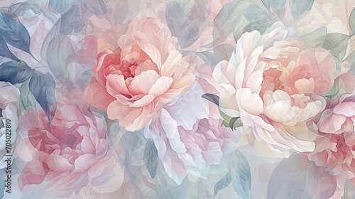 An ethereal flat lay of loosely painted watercolor peonies and roses. Gorgeous wallpaper texture.  photo