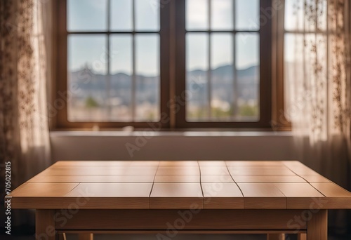 Empty table top on blurred view through abstract curtained window stock photoTable Backgrounds Wood Material Kitchen Domestic