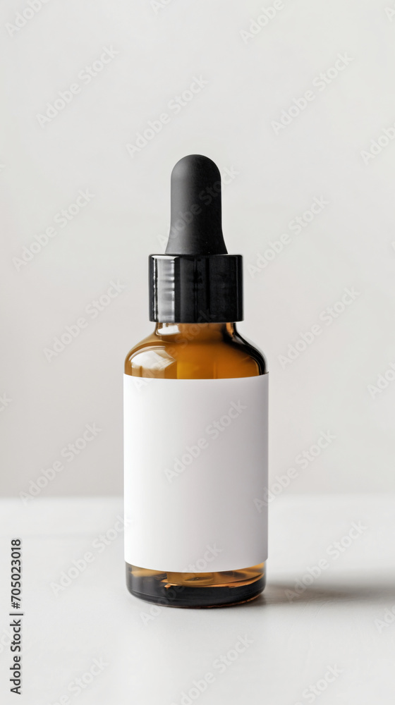 Front View of Cosmetic Bottle with Label on Table Against White Background Front View of Cosmetic Bottle with Label on Table Against White Background