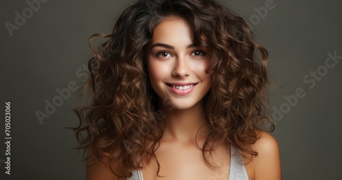 beautiful girl with long curly hair, brunette