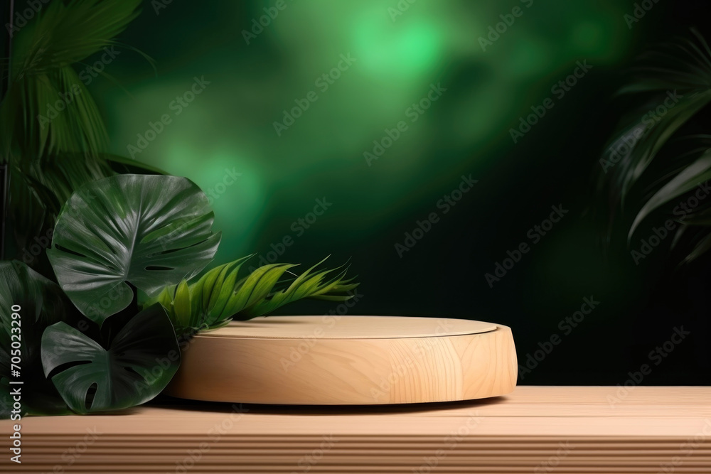Minimal natural wood podium with green palm leaf with sunlight background. Minimal wooden stand for branding and packaging presentation. Minimal natural wood podium with green palm leaf with sunlight background. Minimal wooden stand for branding and packaging presentation.